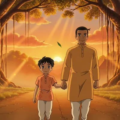 AI generated video: Ultra cinematic emotional anime video animation, small South Indian anime boy slowly walking beside ...