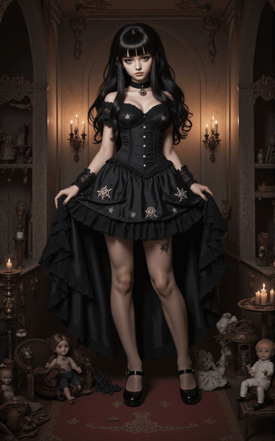 AI generated: An erotic Gothic Lolita stands poised inside a haunted Victorian dollhouse, her long jet-black hair ...