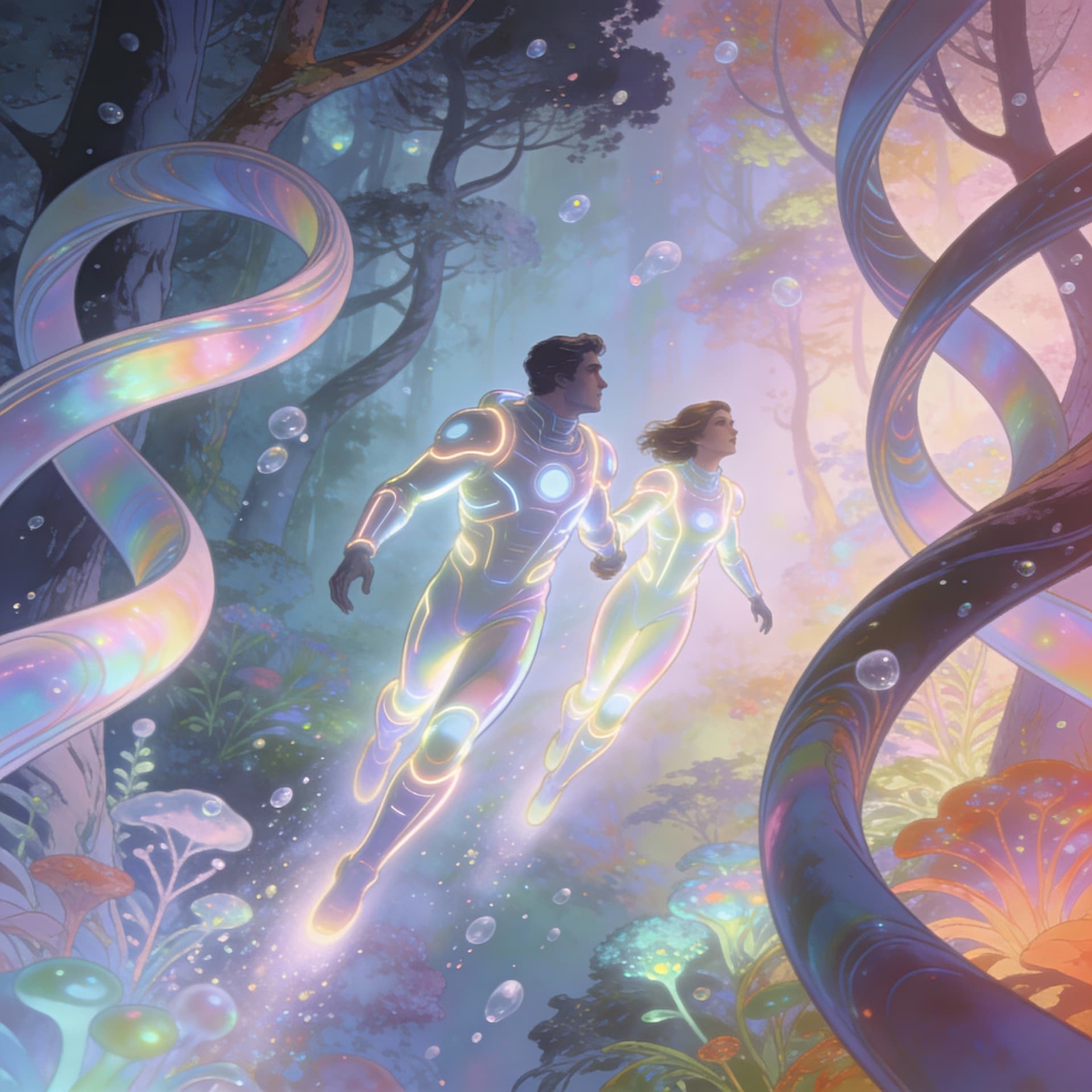 AI generated: The moebius art style unveils a mesmerizing scifi couple  flying in the mesmerizing beauty of the op...