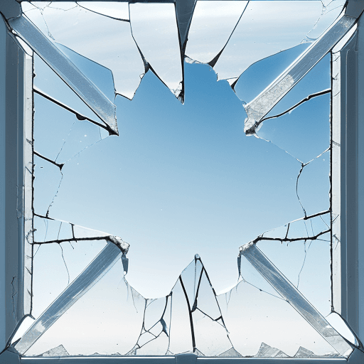 AI generated: A view of the clear blue sky through cracked glass, vertical white cracks, natural light, morning li...