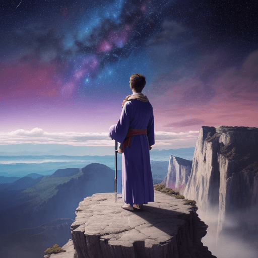 AI generated: a person standing on a cliff overlooking a vast, colorful landscape. The person is dressed in a robe...