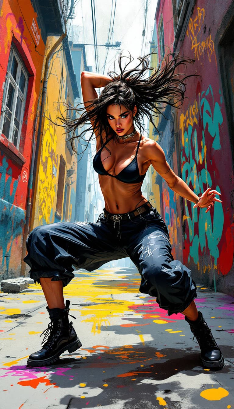AI generated: A graffiti-style digital illustration of an original, full-body female dancer, with esthetically dis...