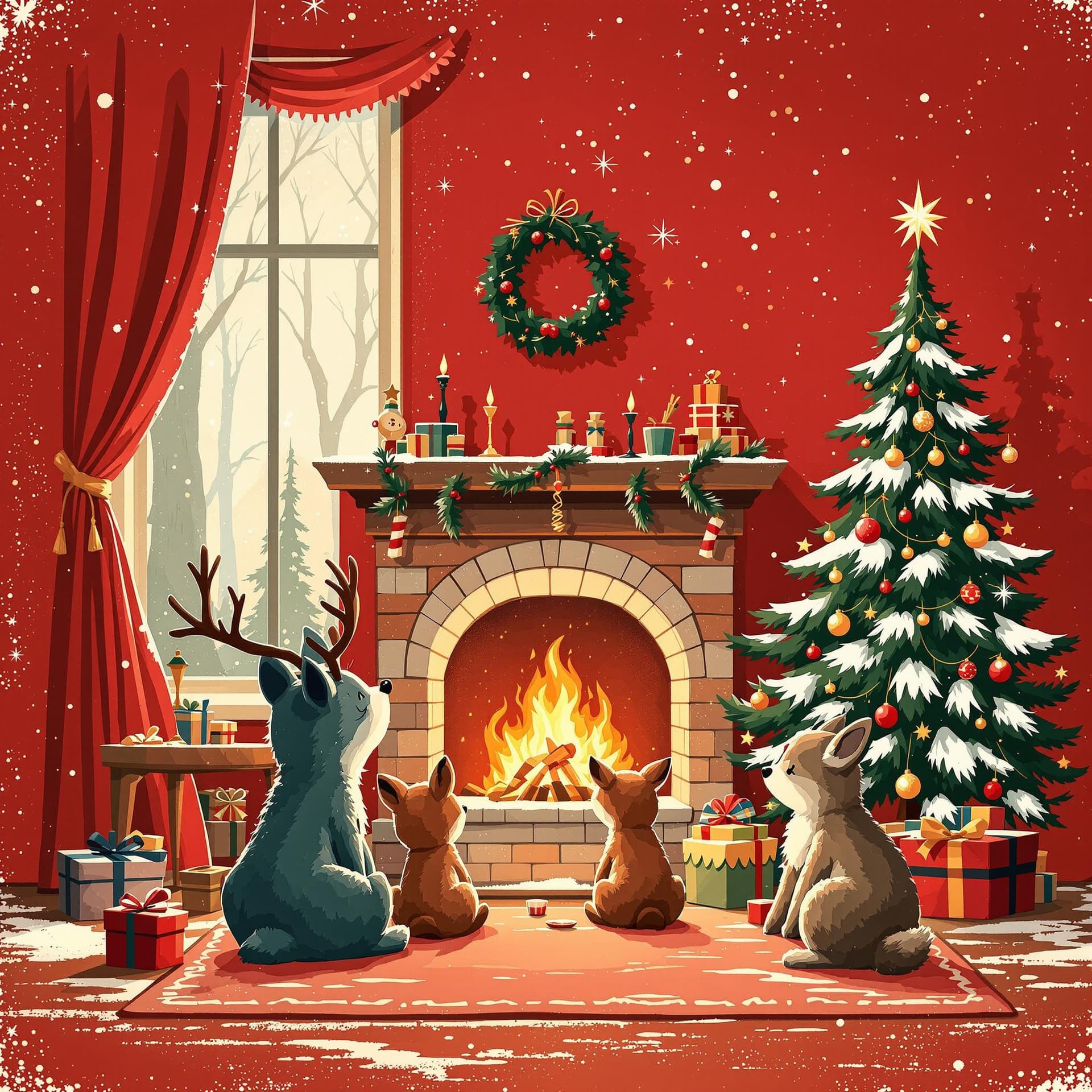 AI generated: in the style of movie poster, forest animals are sitting by the fireplace, waiting for the arrival o...