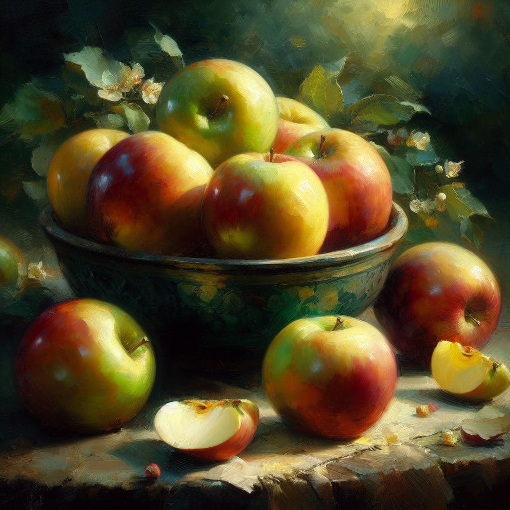 AI generated: An apple on a bowl, oil painting,4k, soft lighting