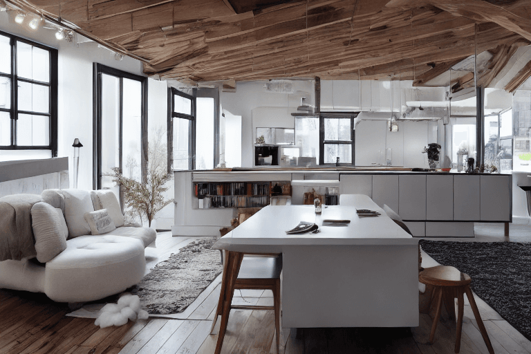 AI generated: interior design, open plan, kitchen and living room, modular furniture with cotton textiles, wooden ...