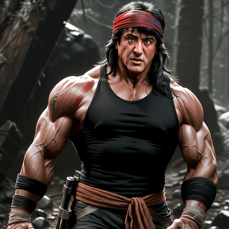 AI generated: sylvester stallone as john rambo, muscular, long black retro hair, red bandana, sharp focus, 8k, hig...