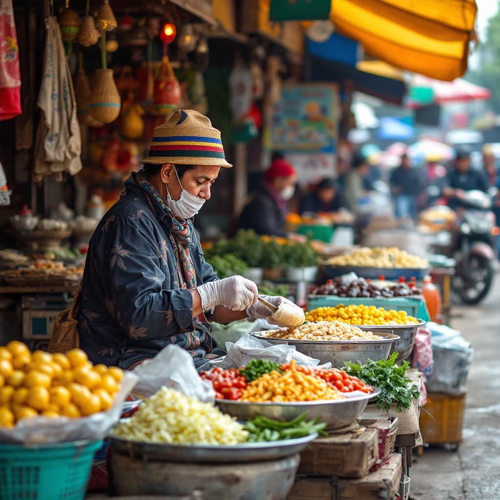 AI generated: "A street vendor selling ethnic food at a bustling market, vibrant colors, cultural details, photore...