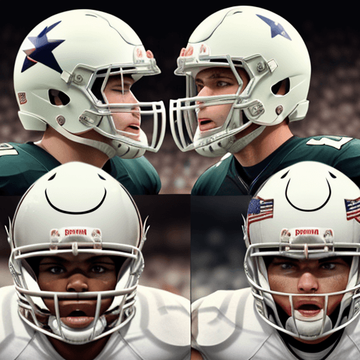 AI generated: panoramic image of American football players, wearing white helmets, looking straight into the camer...