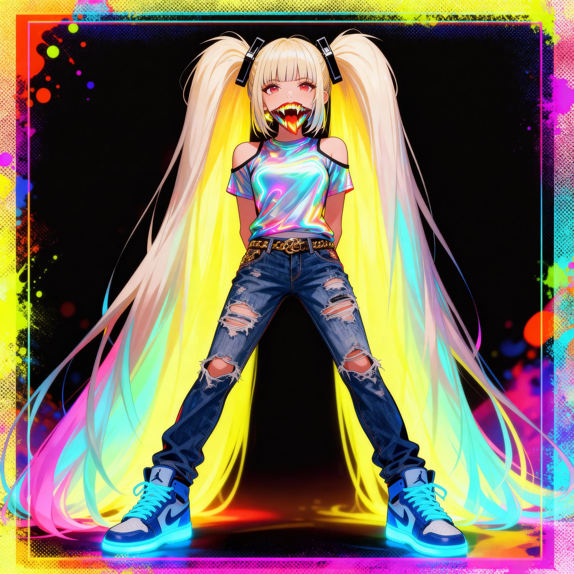 AI generated: 1 girl(solo)slim,legs apart,ripped jeans,jordan nike shoes,nare shoulders,chromatic top,chromatic po...
