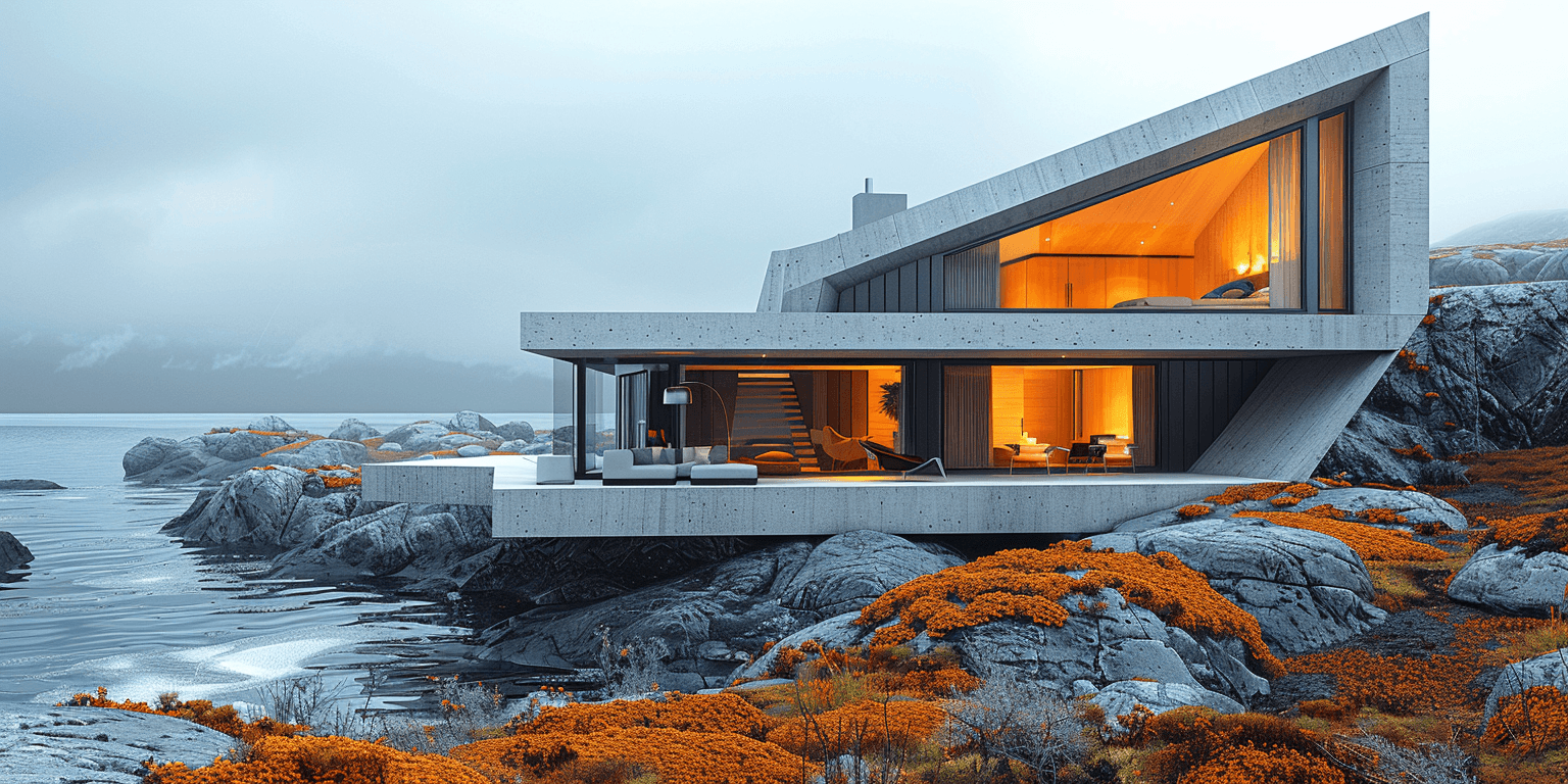 AI generated: modern cabin, tiny house, architecture, minimalist, lights, black steel, concrete, triangle, ocean i...