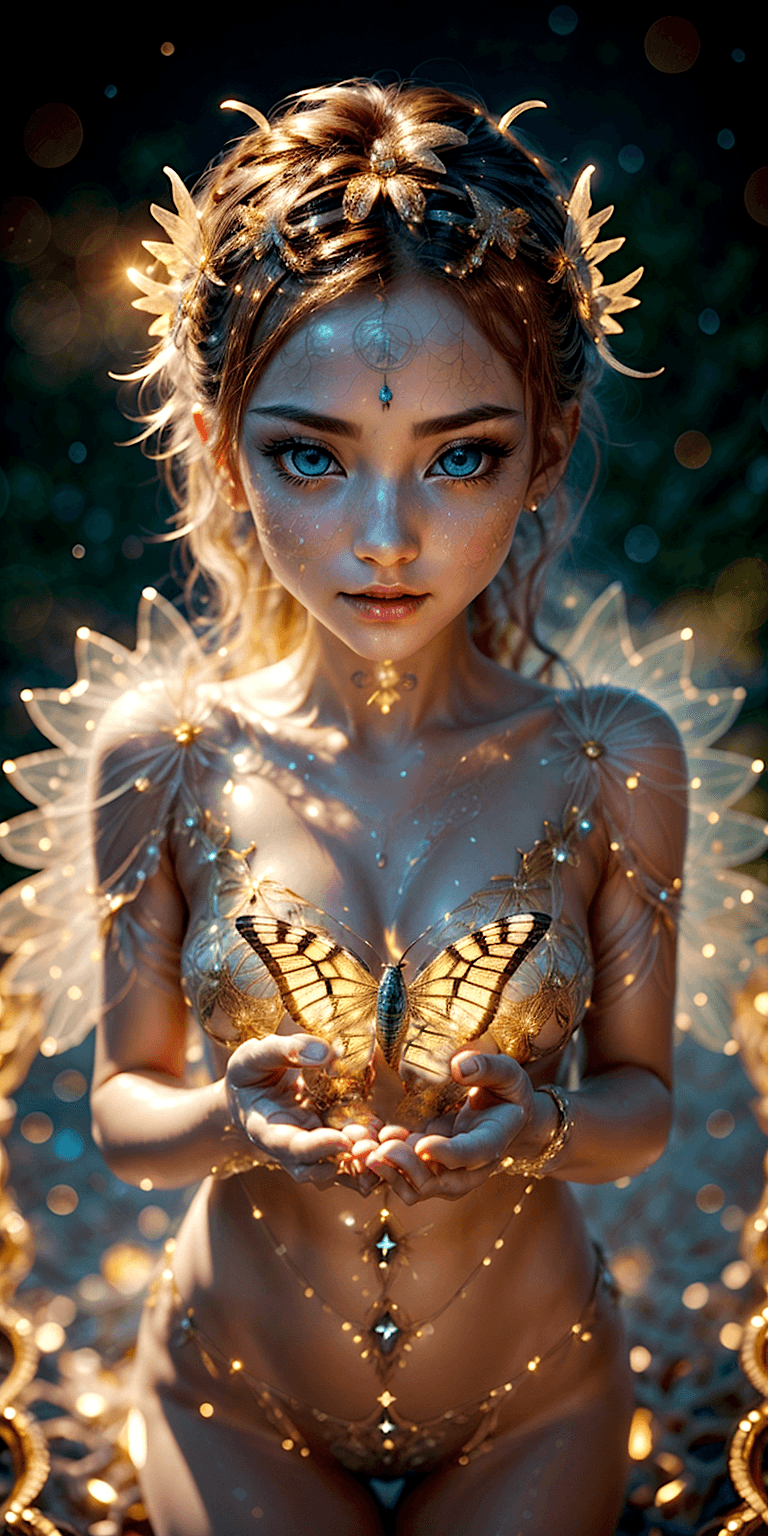 AI generated: An image of a beautiful young Fae with golden hair holding an echanted butterfly, colorful art, hype...