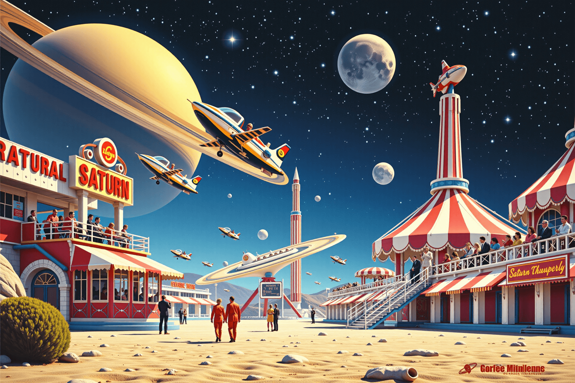 AI generated: amusement park on Saturn moon, googie architecture, neon signs, flying rides, visitors in shiny retr...