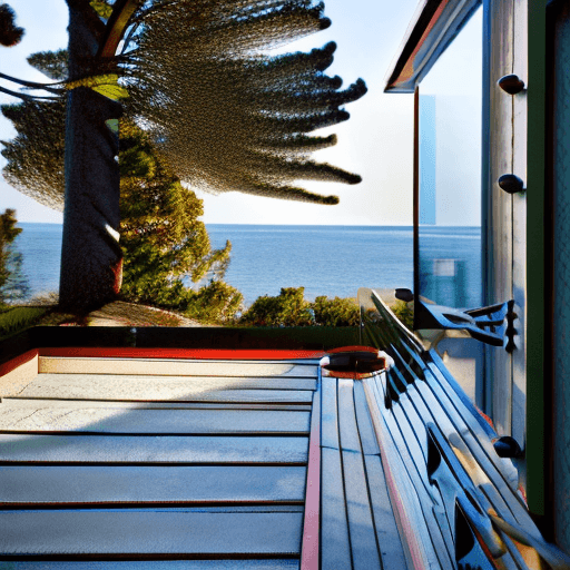 AI generated: Hyper realistic eye level exterior photo of a mid century modern style house overlooking the ocean, ...
