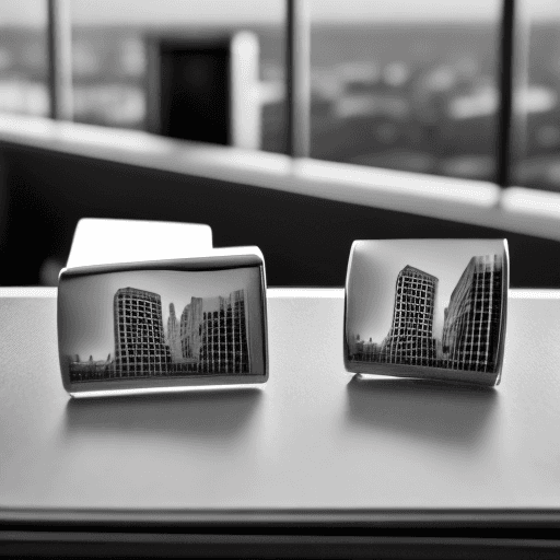 AI generated: award winning photography of pair of cufflinks on boardroom table, blurred cityscape visible in back...