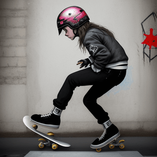 AI generated: artistic, Anna Razumovskaya style, skate boarder, professional artwork, heavy touched, grunge, Banks...