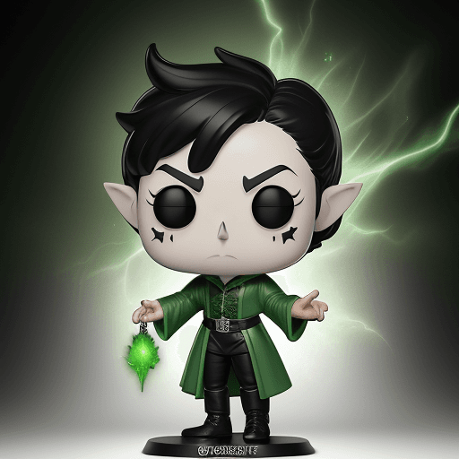 AI generated: funko pop, sorcerer, green clothes, white eyes, black hair,pointy ears

