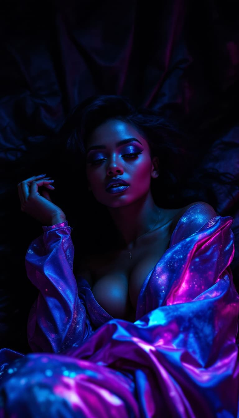 AI generated: "Midnight Bloom in a Velvet Galaxy": A captivating figure rests against a luxurious, textured backgr...