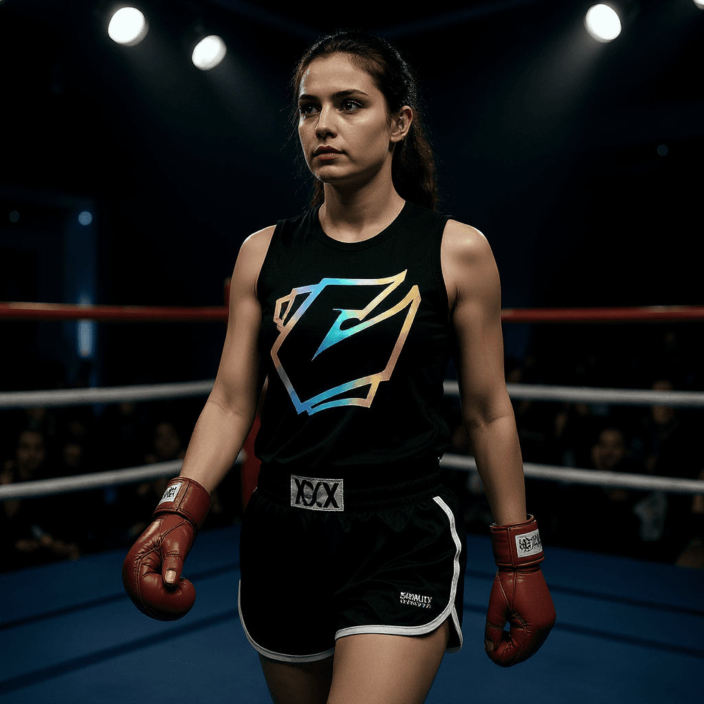AI generated: BOXING ROUND GIRL IN THE RING WALKS ARROUND WITH LOGO ON IT INSTEAD THE ROUND NUMBER