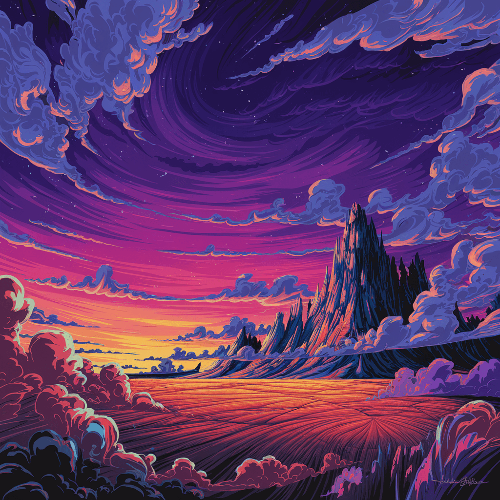 AI generated: vibrant animated landscape at dusk, featuring a dramatic purple sky with swirling clouds and vivid o...
