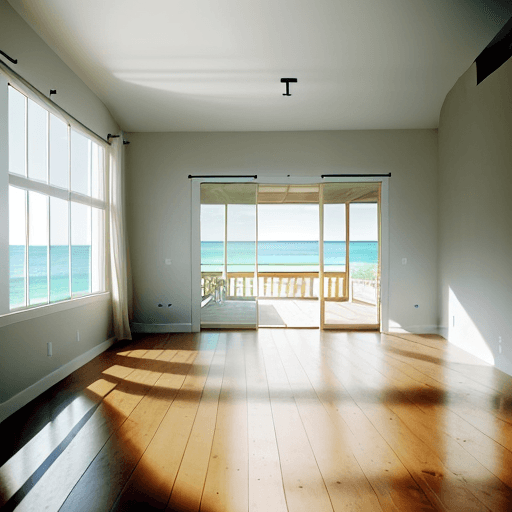AI generated: Image of a completely empty room with a wood floor leading away from the viewer towards a open wide ...