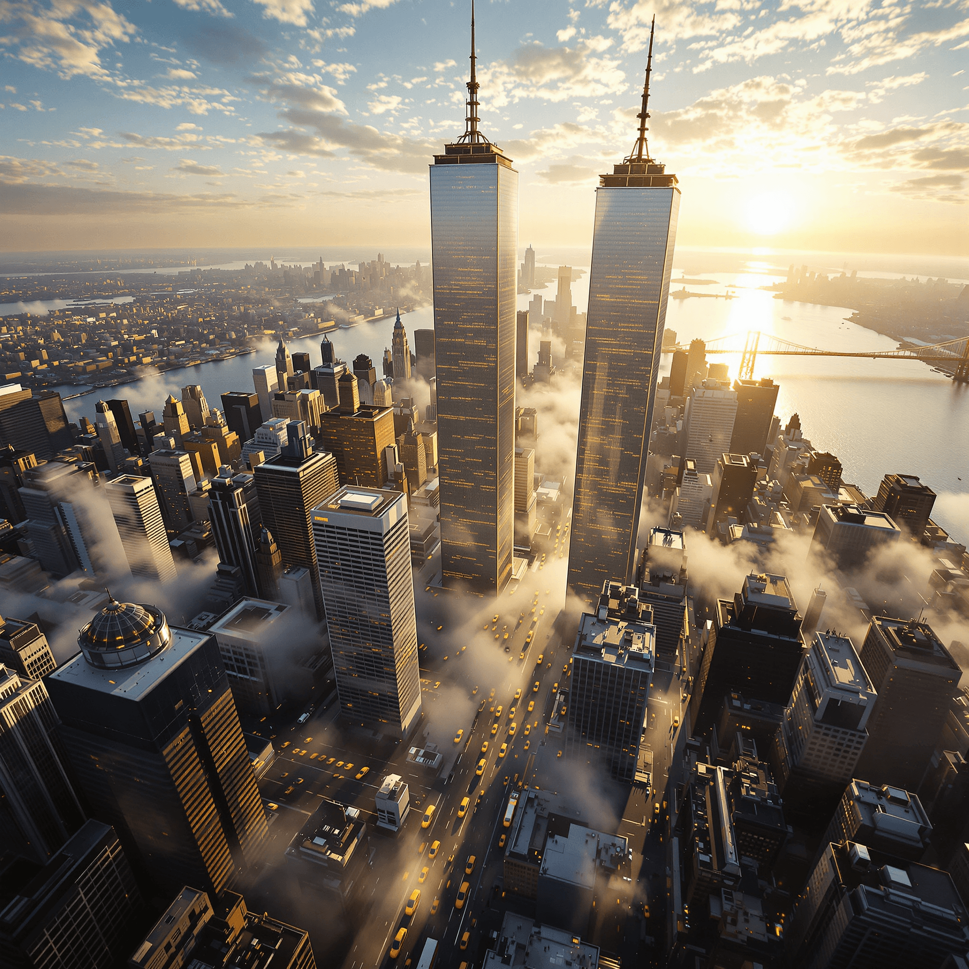 AI generated: A breathtaking, high-speed birds-eye perspective racing through downtown Manhattan at sunrise, just ...