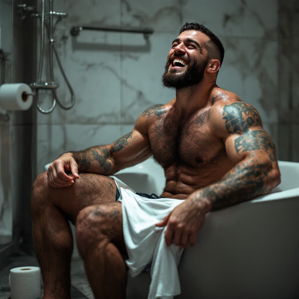 AI generated: MMA fighter. Laughing. Sitting on bath. Wet body. One hand pulling white brief. Toilet Paper roll on...