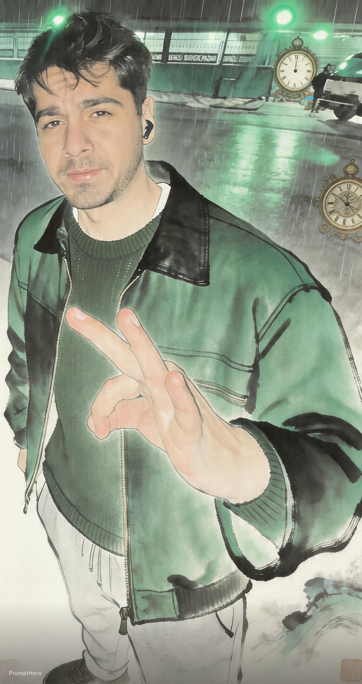 AI generated: modern chinese ink painting in green, in the style of kathrin longhurst, n.c. wyeth, energetic gestu...