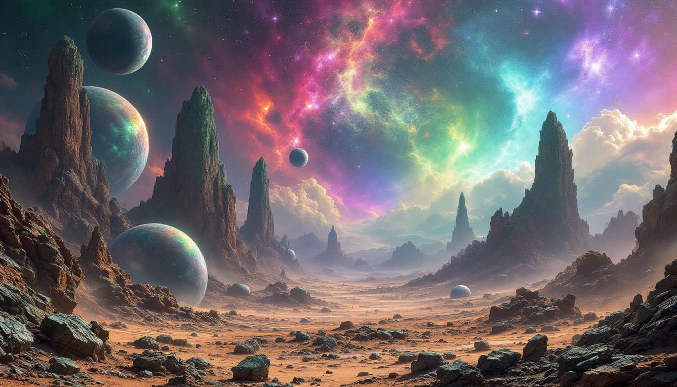 AI generated: epic alien  landscape ,fantasy, scifi,by jean ansell and greg rutkowski,coloured mist,rainbowcoloure...