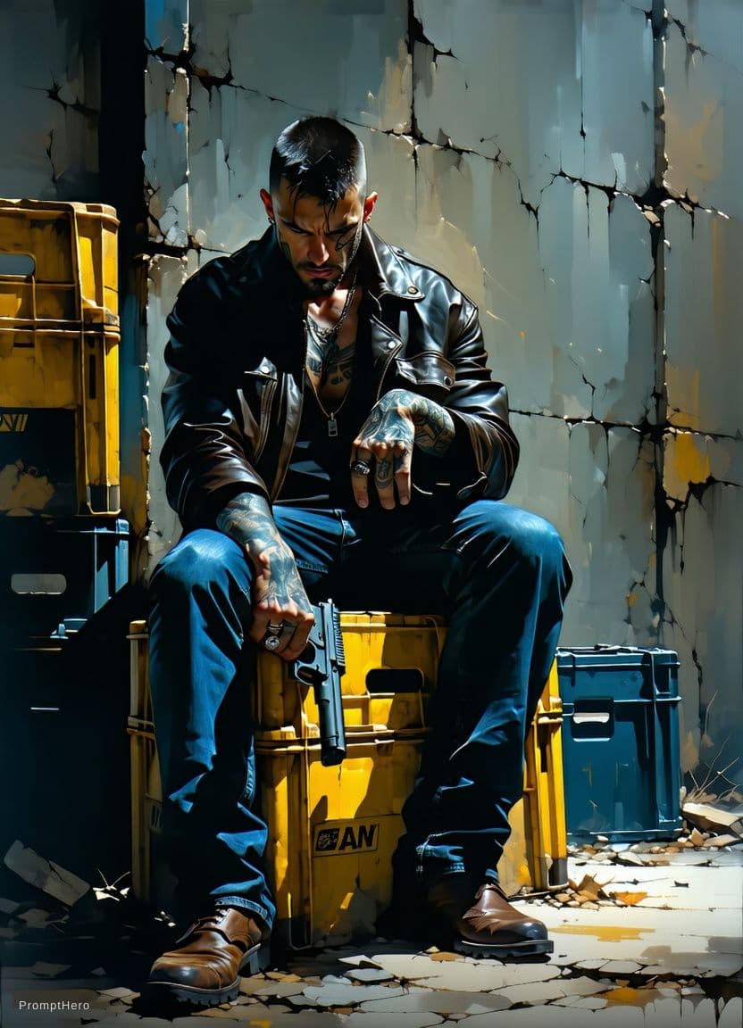 AI generated:  half body close up illustration of a brutal gangster sitting in a warehouse, badass, jeans and leat...