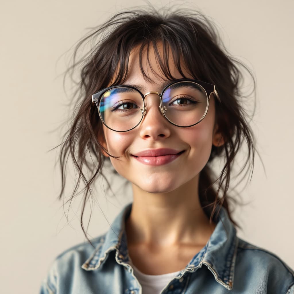 AI generated: An young girl , ultra realistic,wearing glasses and shot denim