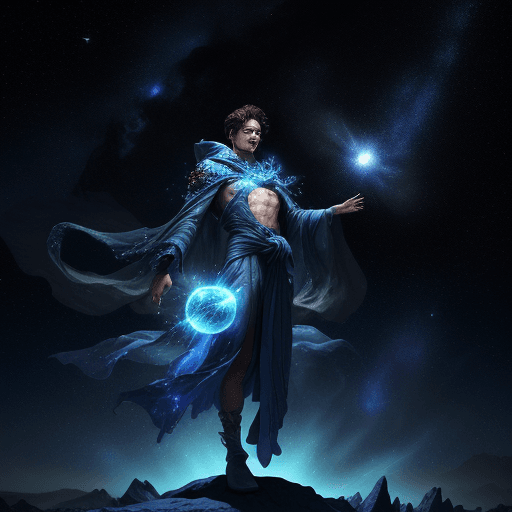 AI generated: a male cosmic sorcerer, depicted in an action shot on an asteroid amidst the vastness of space. The ...