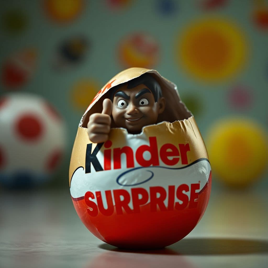 AI generated: Low angle haunted photography of a single large sizable Kinder Surprise egg, with the iconic foil pa...
