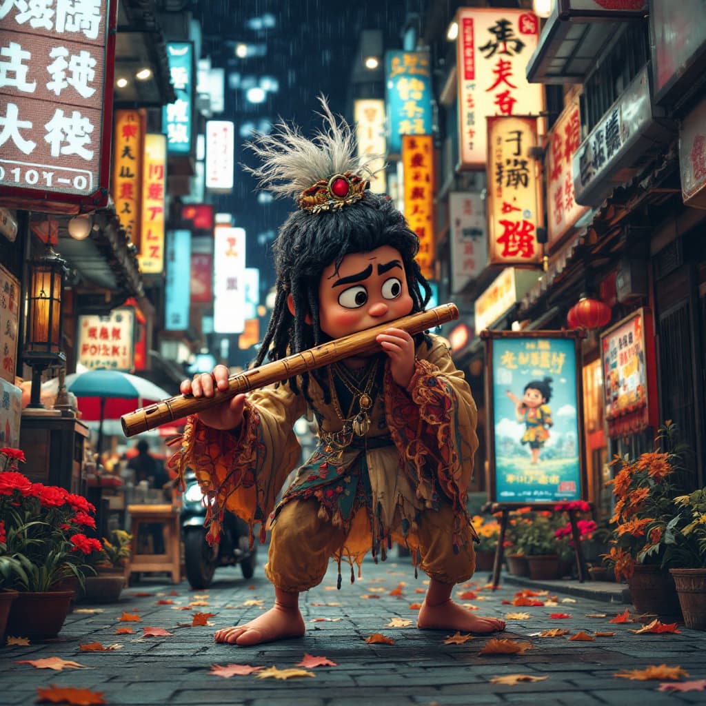 AI generated: peruvian wooden flute in an inanimated Hyperralistic indie movie poster in Tokyo