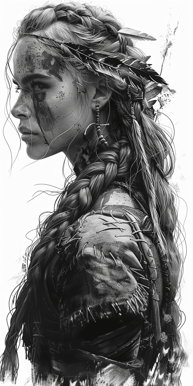 AI generated: black and white drawing of a Viking warrior woman with braided hair, wearing war paint on her face, ...