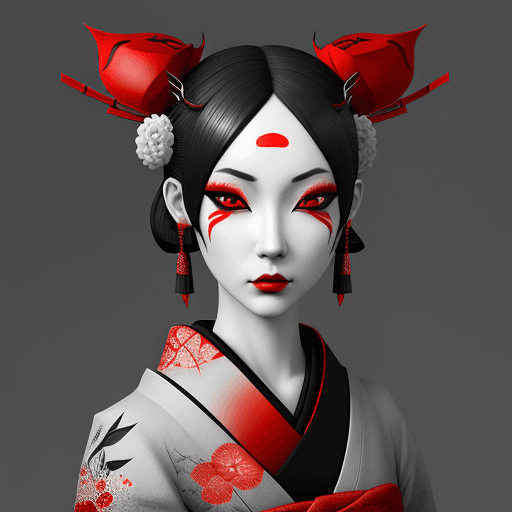 AI generated: a woman with red eye makeup, in the style of japonism influenced pieces, daz3d, black and white mast...