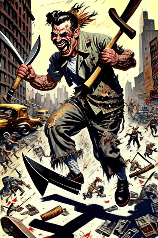 AI generated: In 1950 Intricately detailed mad axeman in torn dirty clothing running wildly through the streets of...
