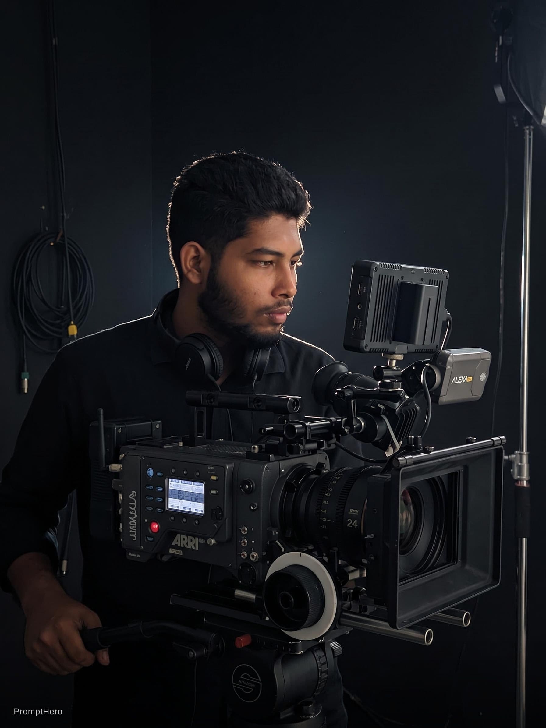 AI generated: A cinematic medium shot of a professional male cinematographer in a pitch-black studio, standing beh...