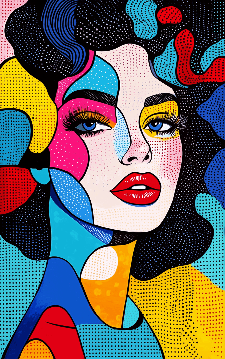AI generated: A vibrant portrait of a woman with curly hair, in the style of pop art, bold and vivid colors, graph...