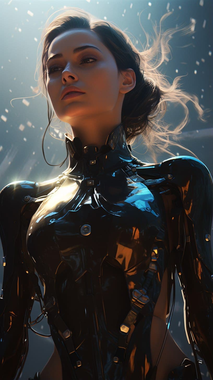 AI generated: police female realistic cyborg humanoid, ground lighting, atmosphere, glow, lens flare, cinematic, h...