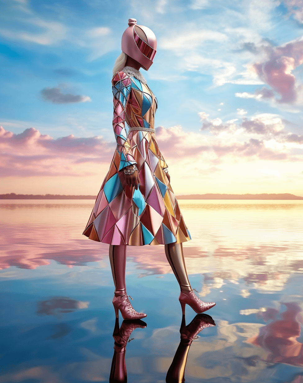 AI generated: a woman in a shiny outfit stands by the water, in the style of sandalpunk, light silver and pink, vi...