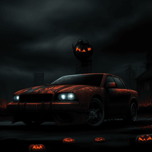 AI generated: GRAPHIC rusty color tones, Car Alsvin Changan dark colors, halloween , bats, spiderweb , gothic, dar...