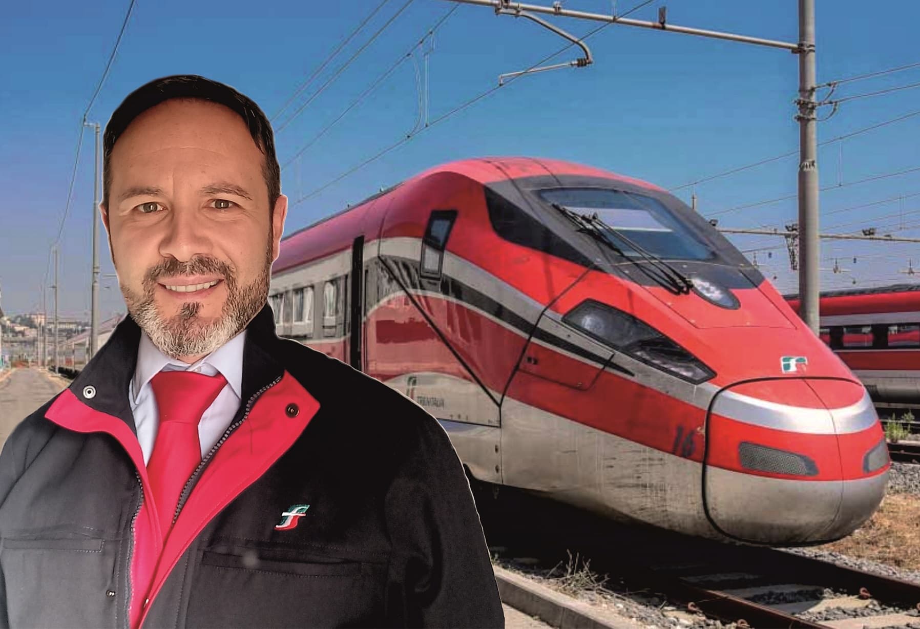 AI generated: red high speed train, disney pixar, sky, train driver, dark blu jacket, light blue shirt, red neckti...