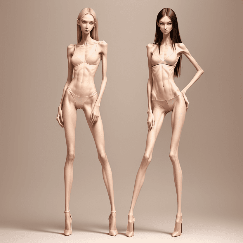 AI generated: photo of two an extremely skinny, flat-chested model with extreme long and skinny legs with extreme ...