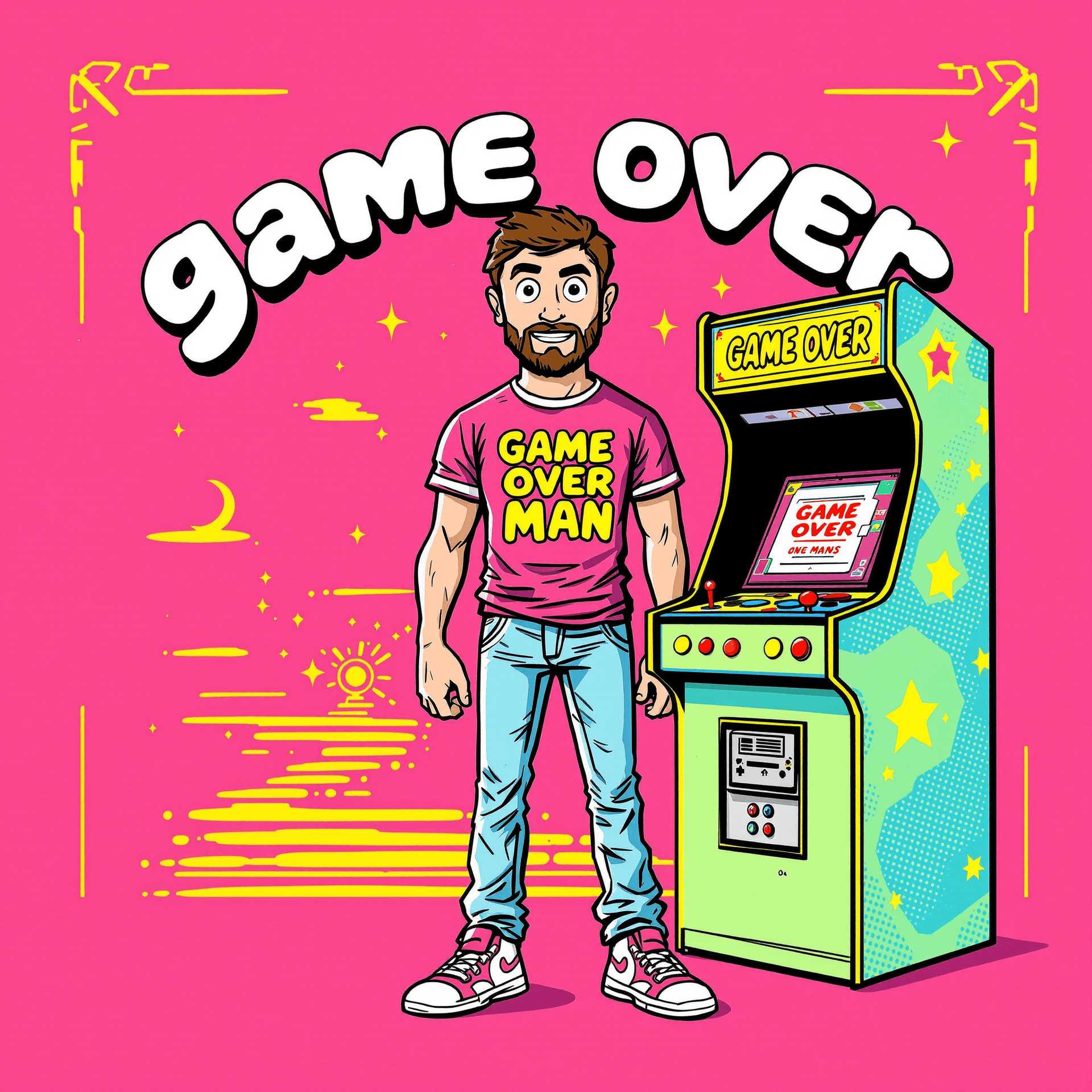 AI generated: Cartoon character, game over man, standing centered, wearing sneakers,  arcade game cabinet torso, (...