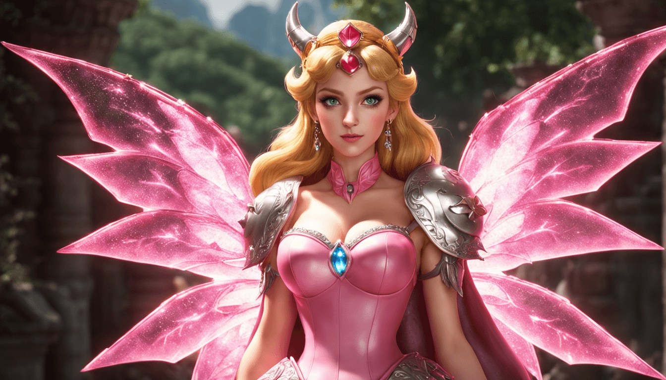 AI generated: princess warrior peach with electric Electroluminescentjelly wings, full body, hyper detailed, trend...