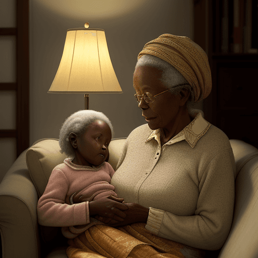 AI generated: The cosy glow of a lamp casts a soft light across the room, where an elderly African woman in her 70...