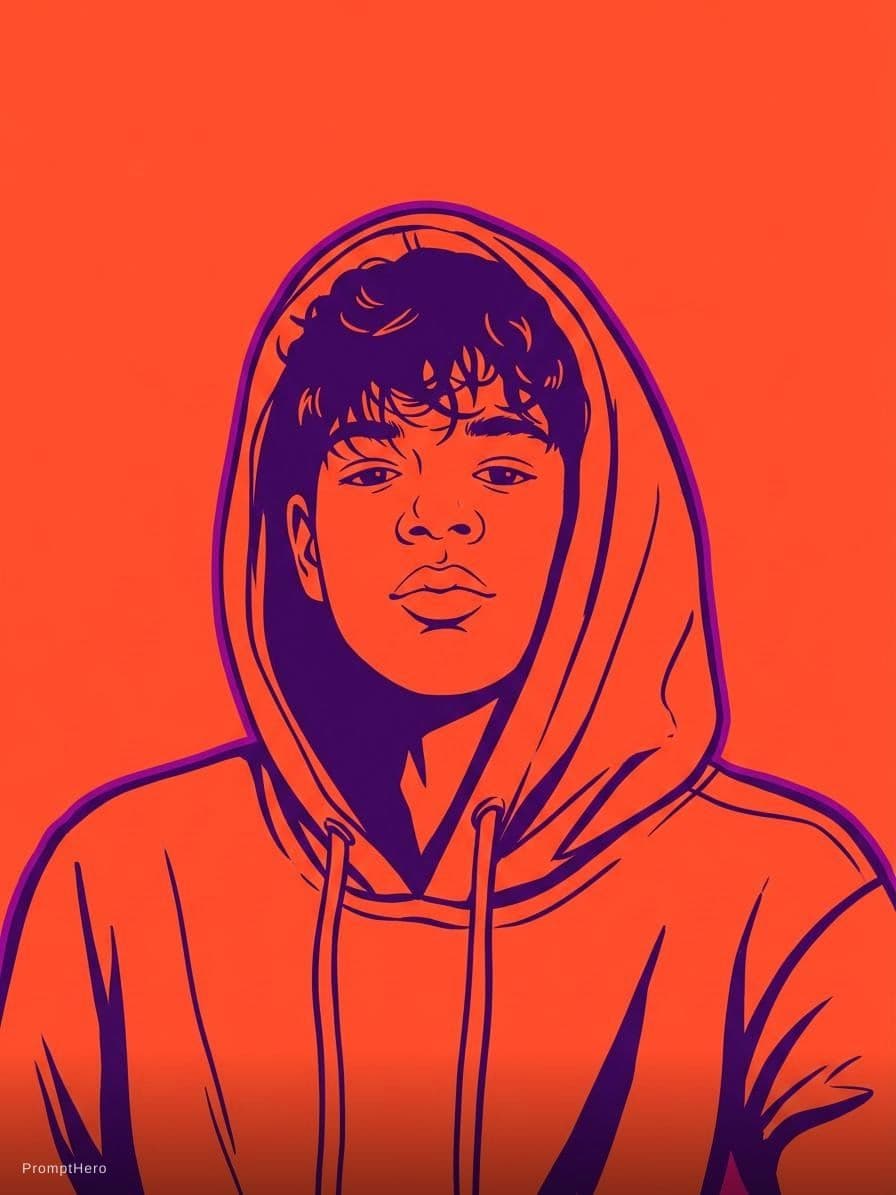 AI generated: duo tone graphic design, three-quarter view of a teenage boy, deep purple outline on neon orange bac...