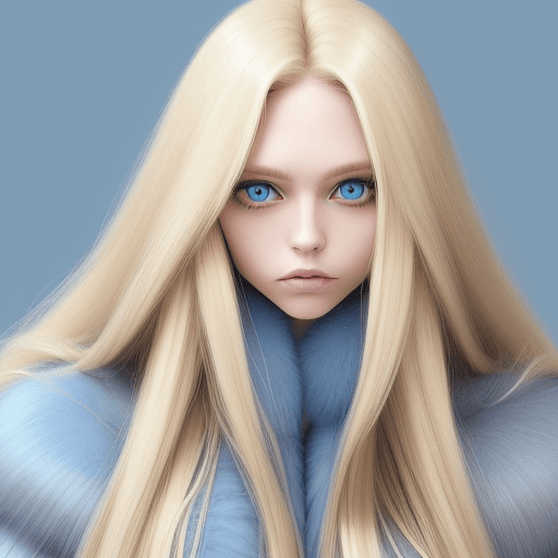 AI generated: blond woman with long hair and fur coat posing for a picture, with blue fur and blue eyes, with long...