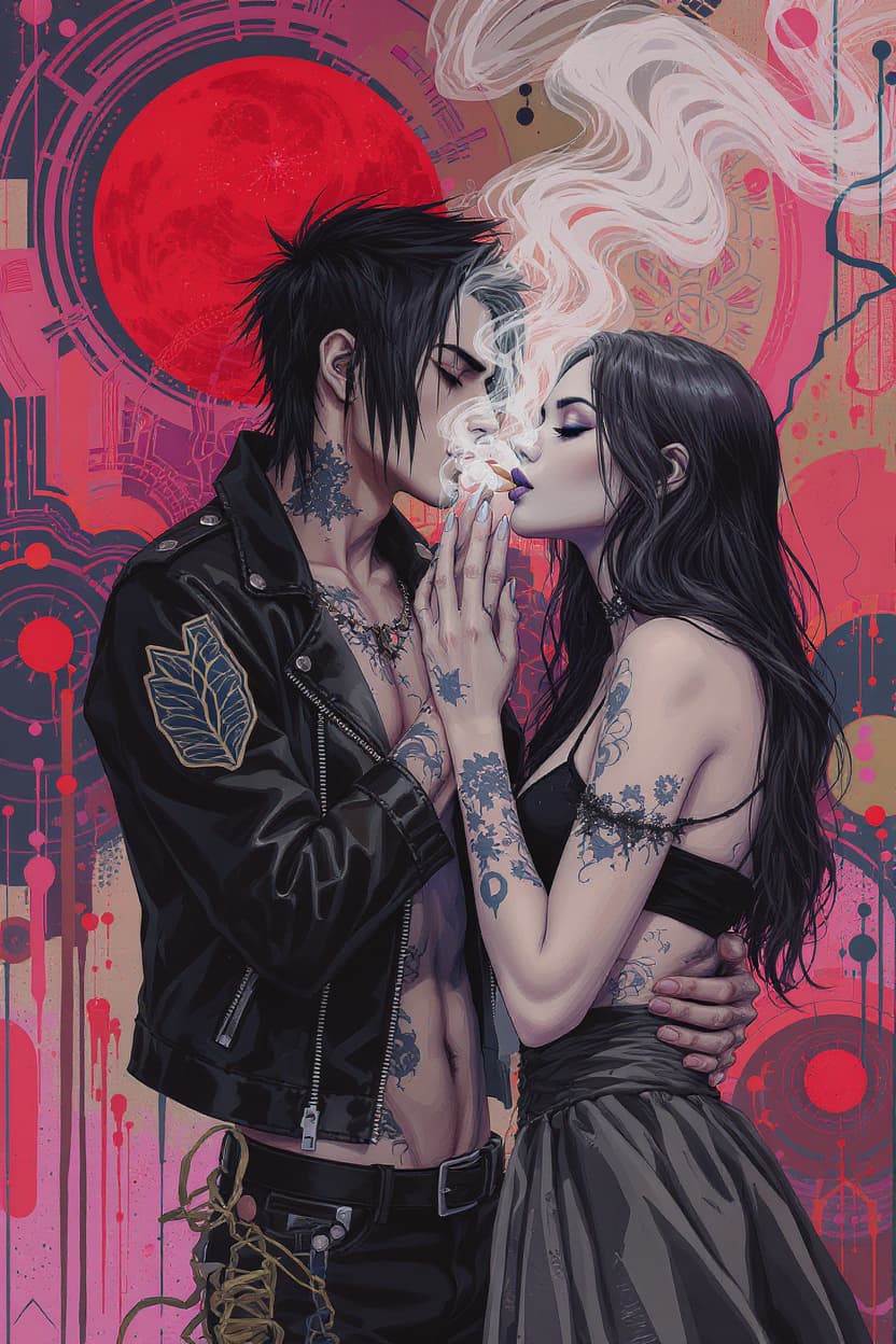 AI generated: create a gorgeously mysterious and cool couple, the guy has black hair, edgy look/ punk and a confid...