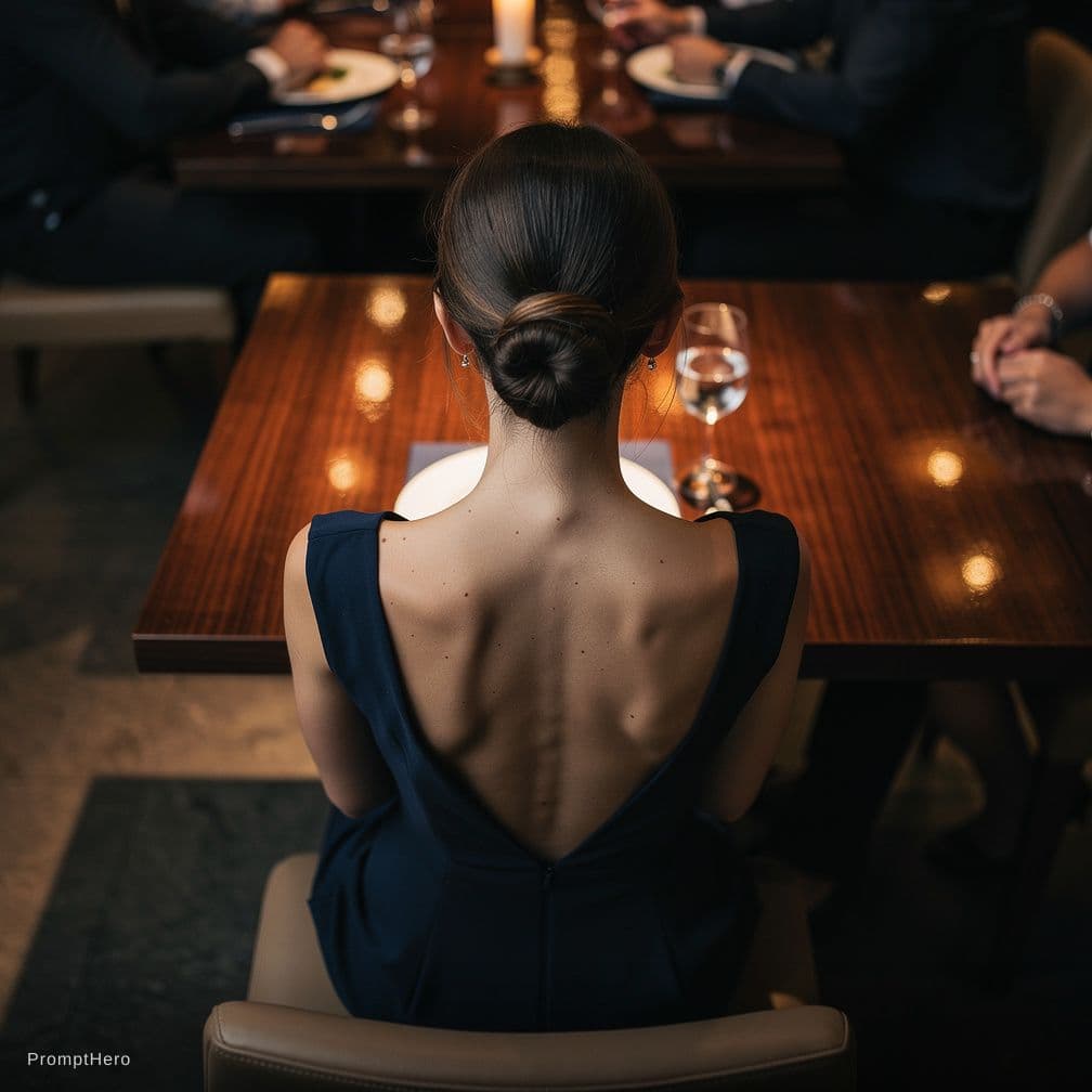 AI generated: beautifl slim woman sitting at restaurant table, darkblue dress, view from the top and from behind t...